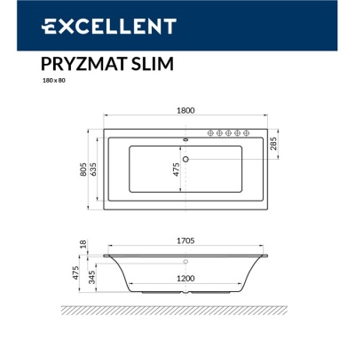 Ванна EXCELLENT Pryzmat Slim 180x80