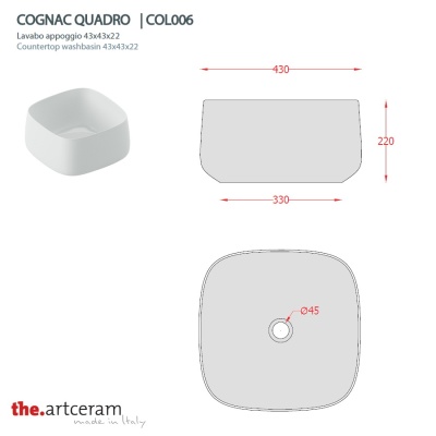 Раковина накладная 43 cm ArtCeram Сognac Quadro COL006 39  00, цвет cocoa