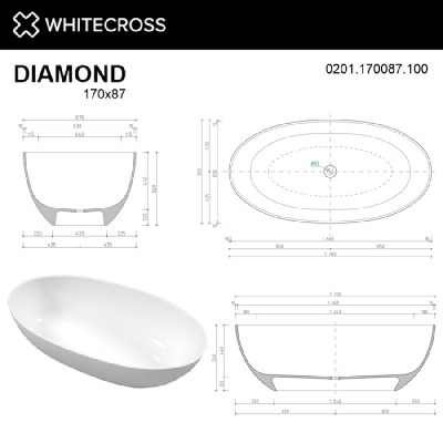 Ванна WHITECROSS Diamond 170x87 (белый глянец) иск. камень