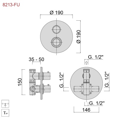 Термостат для душа встраиваемый с переключателем на 2 потребителя Giulini Futuro никель матовый F8213-FUNKO